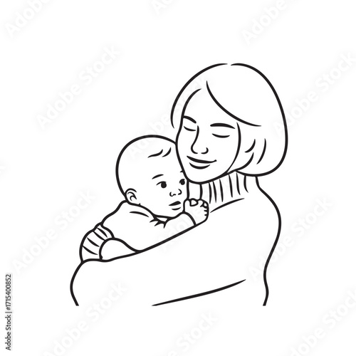 Black and white line art of a beautiful mother lovingly embracing her baby minimalist tender illustration