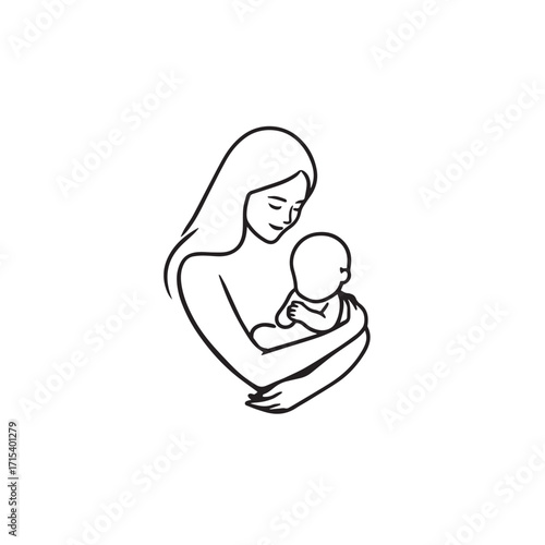 Black and white line art of a beautiful mother lovingly embracing her baby minimalist tender illustration