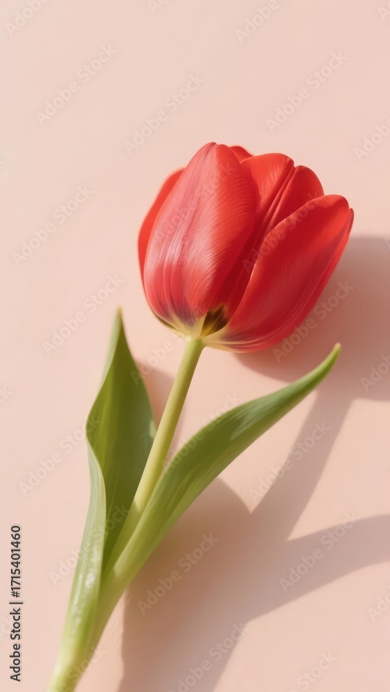 Fototapeta premium A single red tulip with green stem and leaves against a soft pink background