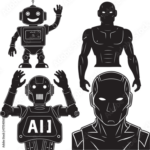 Four different robot silhouettes isolated white silhouette