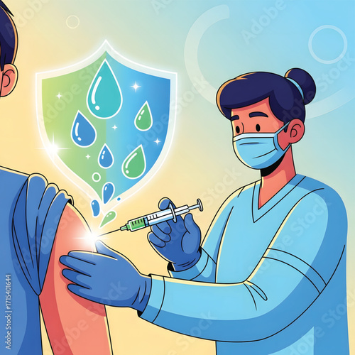 An illustration of a nurse wearing a mask and gloves administering a vaccine to a patient's arm, with a glowing shield symbolizing immunity and protection.