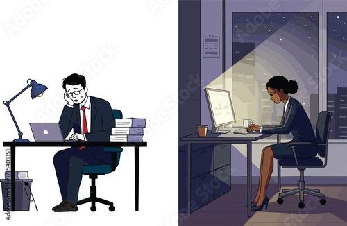 Overworked businessman and businesswoman working late at office, stress and overtime illustration, corporate pressure, workload, professional deadline concept.