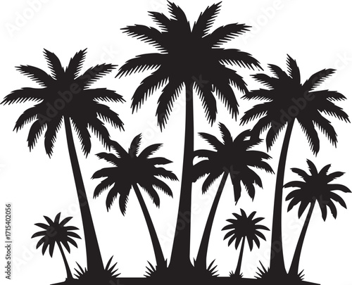 Vector illustration of palm tree silhouettes on a tropical island beach at sunset