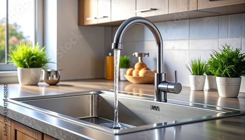 Modern kitchen sink with running water, showcasing a sleek faucet and neutral color scheme.