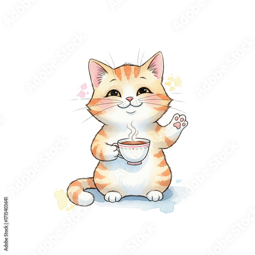 A smiling cat holding a cup of tea, watercolor cartoon style, soft brush strokes, gentle pastel colors, white background