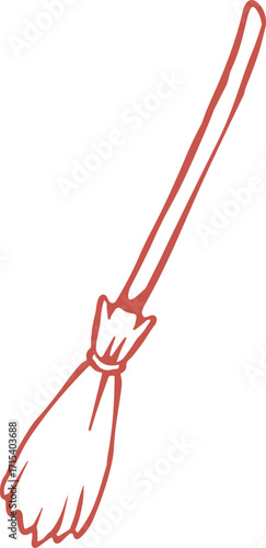 Illustration of a broom with a long handle and a bundle of bristles.