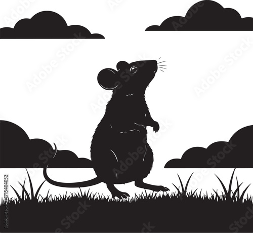 Silhouette of a rat in clouds and grass silhouette