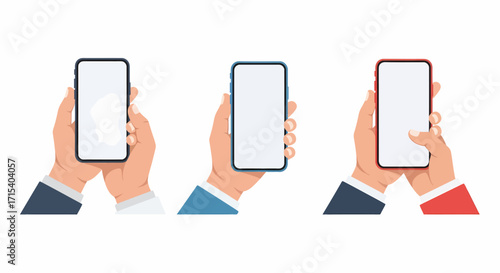 Three hands holding smartphones with blank screens.