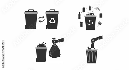 Waste Management and Recycling Icons Set Illustrating Disposal and Sorting Processes.