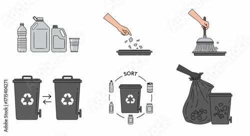 Illustrated Steps of Recycling Process with Bins Bottles and Hands.