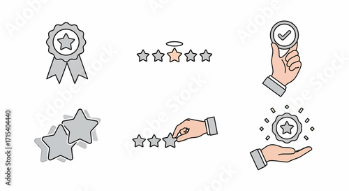 Quality Rating and Achievement Icons Set with Stars Ribbons and Hands.