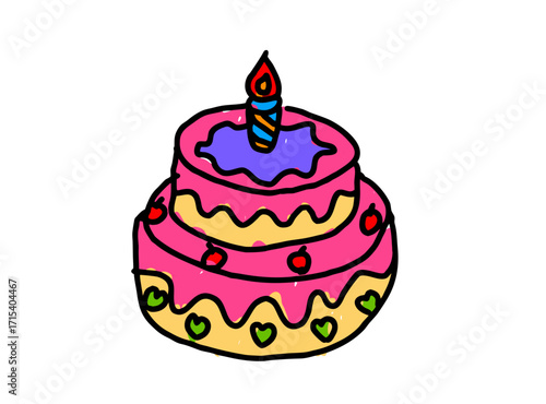 Whimsical Handdrawn Layered Birthday Cake Illustration with Lit Candle Topper