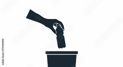Minimalist black silhouette icon of a hand throwing a plastic bottle into a recycling bin.