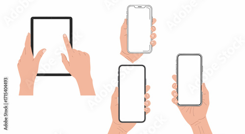 Hands Holding and Interacting with Tablet and Smartphones with Blank White Screens.