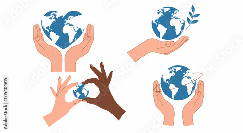 Diverse hands holding Earth globe illustrations symbolizing global care environmental protection and unity.