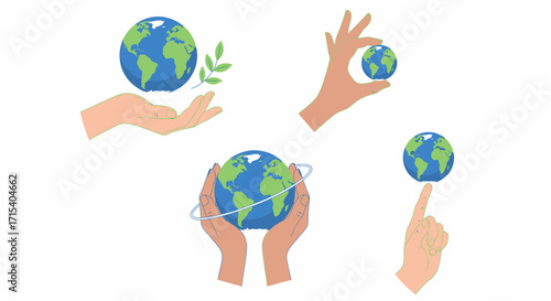 Hands Interacting with Earth Environmental Care and Protection Illustration Set.