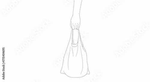 Hand holding a reusable shopping bag simple line art illustration.