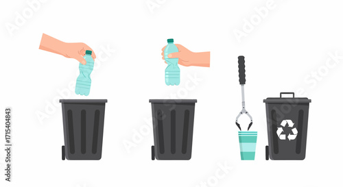 Recycling Process Hands Disposing Plastic Bottle and Cup into Bins.