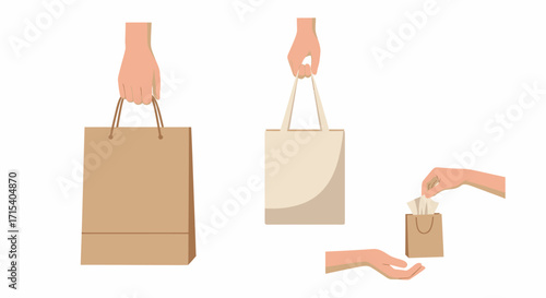 A set of vector illustrations of hands holding a paper bag a reusable canvas tote and giving a small gift bag.