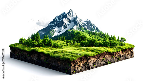 3D land with mountain , Piece of earth land green field isolated on white background