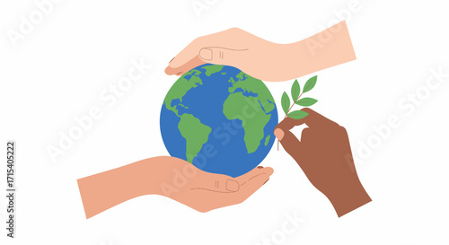 Diverse Hands Caring for Planet Earth with Olive Branch.