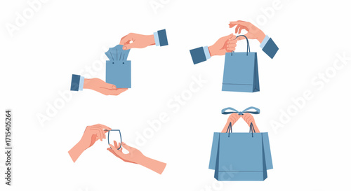 Vector illustration set of hands with a blue shopping bag for gifting paying and receiving a purchase.
