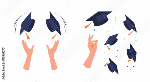 Graduation Caps Tossed in Celebration Hands Reaching Up.
