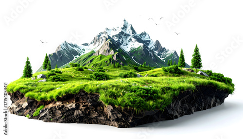 3D land with mountain , Piece of earth land green field isolated on white background