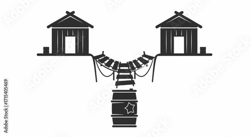 Rustic Wooden Houses Connected by Rope Bridge and Barrel.
