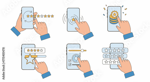 Smartphone User Interacting with Rating and Feedback Icons.