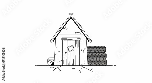 Simple Illustrated Shed with Tires and Cracked Ground.