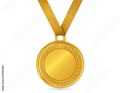 A polished gold medal with a ribbon, showcasing a simple yet elegant design.