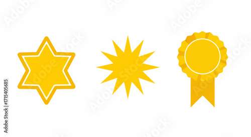 Set of Three Golden Award Stars and Badge.