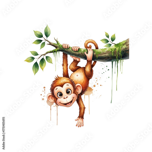 A playful monkey hanging from a tree branch, watercolor cartoon style, white background 