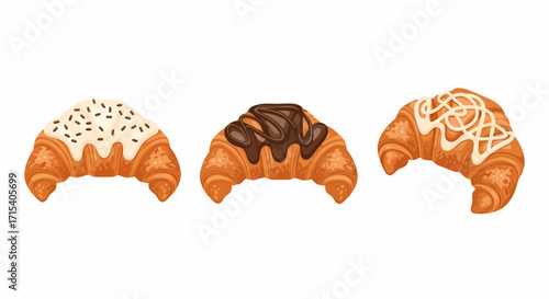 A collection of three sweet croissants with chocolate vanilla glaze and sprinkles.