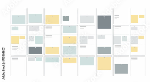 A minimalist illustration of a project management board with a grid layout and colorful sticky notes.