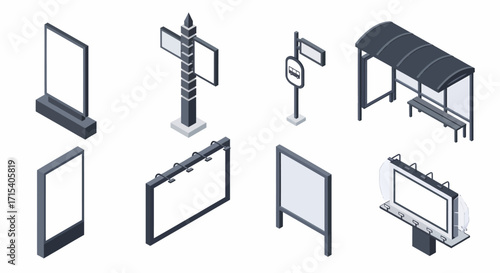 Isometric Collection of Blank Street Advertising Billboards and Bus Stop.