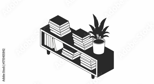 Isometric illustration of a black bookshelf filled with books and a potted plant.