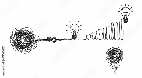 Creative problemsolving journey tangled lines evolving into bright ideas and progress.