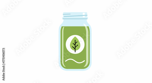 Green Juice in Glass Jar with Leaf Logo Healthy Drink Concept.