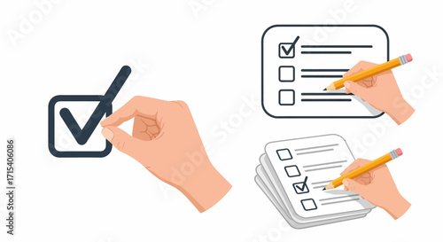 Set of checklist icons with a hand marking a checkbox with a pencil and a checkmark symbol.