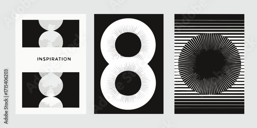 Abstract minimalist graphic design triptych with geometric shapes and typography inspiration