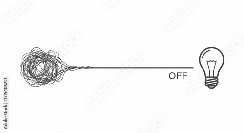 Tangled chaos unraveling into a straight line leading to an unlit lightbulb symbolizing a lack of ideas.