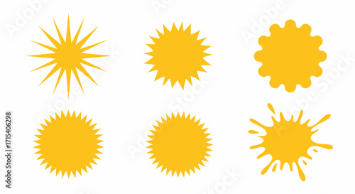 A versatile set of six yellow graphic elements including sunbursts star shapes and a paint splash.