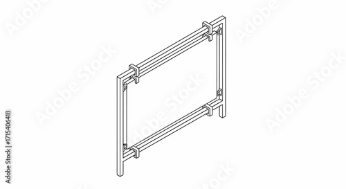 Isometric line art illustration of a modular rectangular frame with connectors a technical drawing of a construction element.