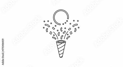 Simple line art icon of a party popper exploding with confetti and streamers for celebration.