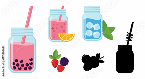 Assortment of Refreshing Mason Jar Drinks and Fruit Elements.