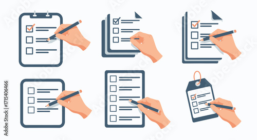 Hand Completing Checklist with Pencil on Clipboard and Paper.