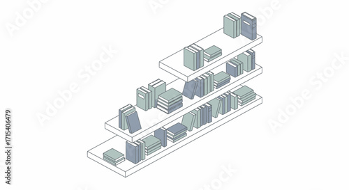 Minimalist isometric line art illustration of three bookshelves filled with books in muted blue and green tones.