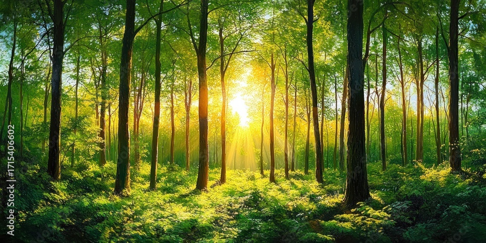 Obraz premium Sunlight streaming through tall green trees in a lush forest with vibrant undergrowth on a bright day